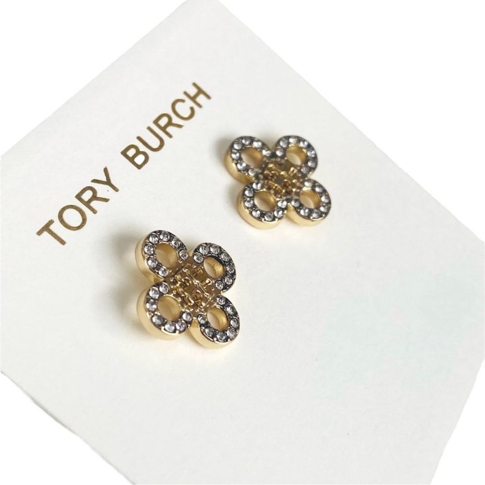 NWT Tory Burch Gold Pave Logo & Clover Stud Earrings with Dust Bag